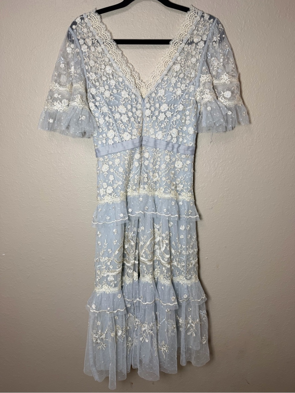 Needle & Thread Pale Blue Embroidered Tiered Midi Skirt - Picture 3 of 8